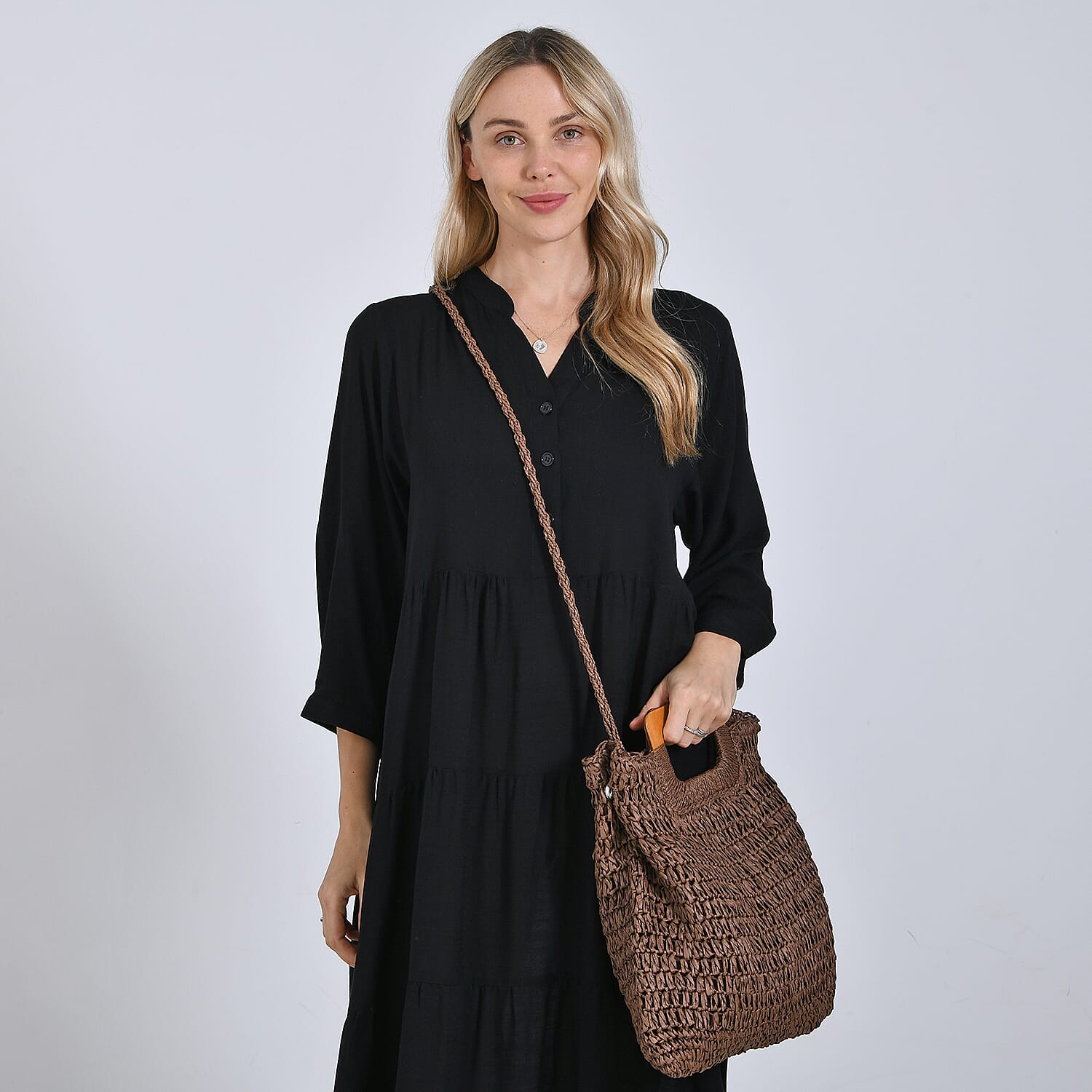 Bohemian Straw-Style Tote Bag with Top Handles - Brown