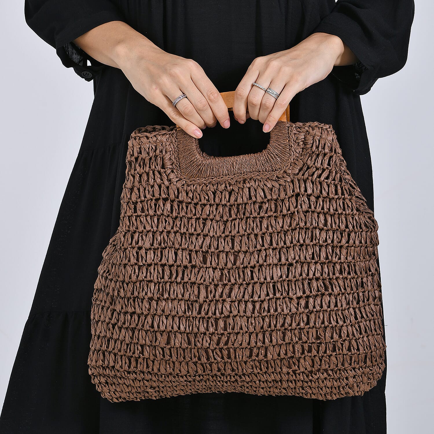 Bohemian Straw-Style Tote Bag with Top Handles - Brown