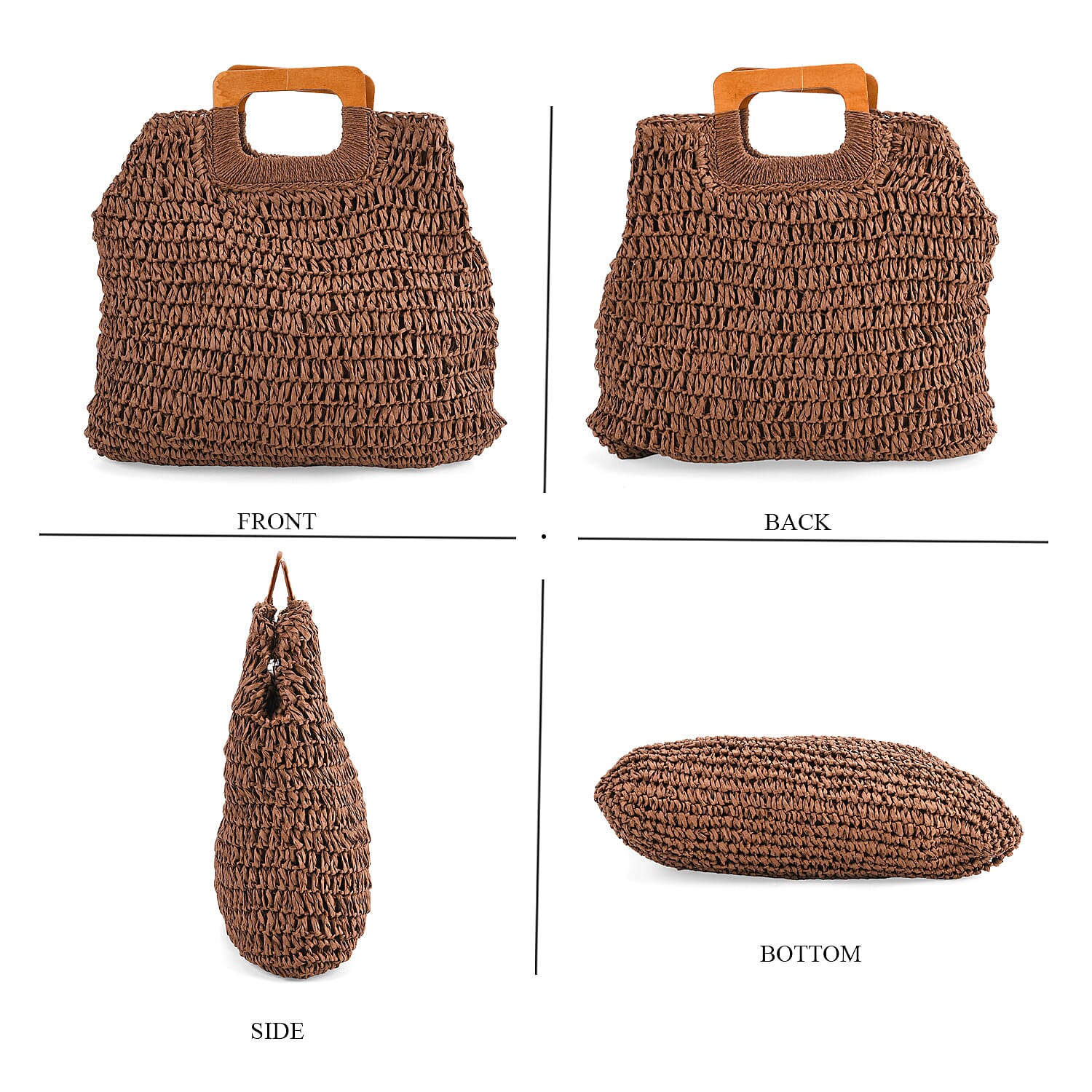 Bohemian Straw-Style Tote Bag with Top Handles - Brown