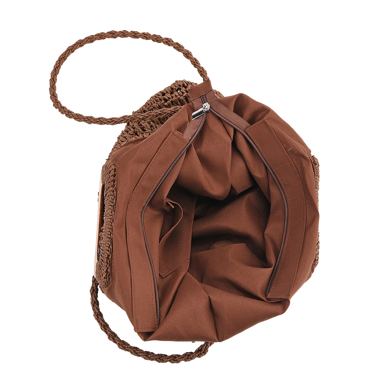 Bohemian Straw-Style Tote Bag with Top Handles - Brown