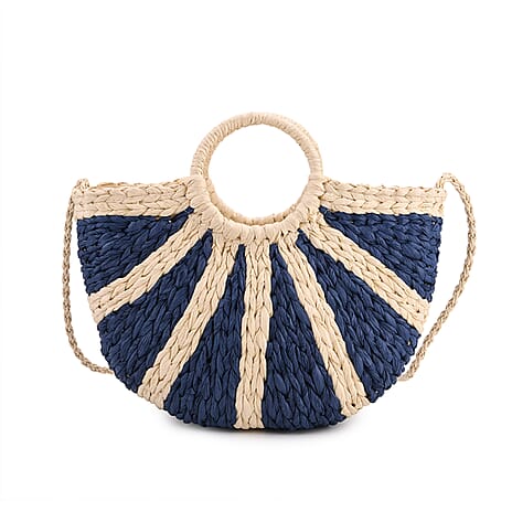 Designer Inspiration Semi-circle Stripe Woven Handbag - Blue
