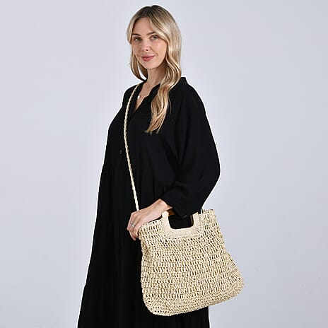 Bohemian Straw-Style Tote Bag with Top Handles - Beige