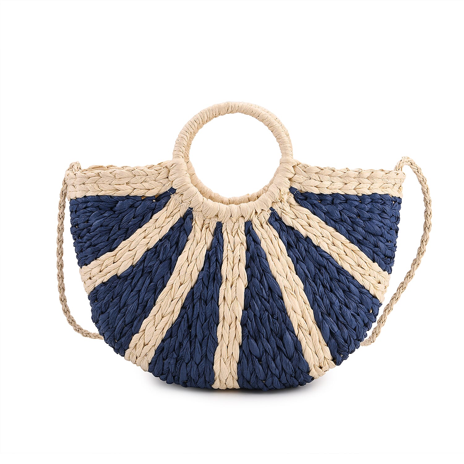 Retro Semi-circle Stripe Straw Beach Handbag - Blue