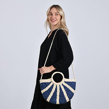 Retro Semi-circle Stripe Straw Beach Handbag - Blue