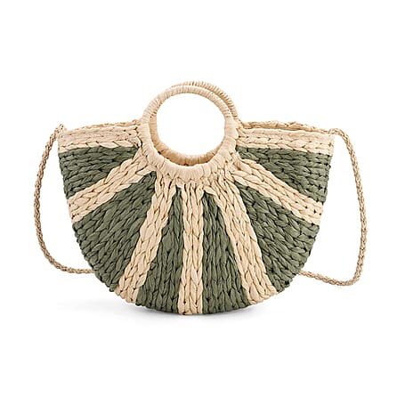 Retro Semi-circle Stripe Straw Beach Handbag - Green