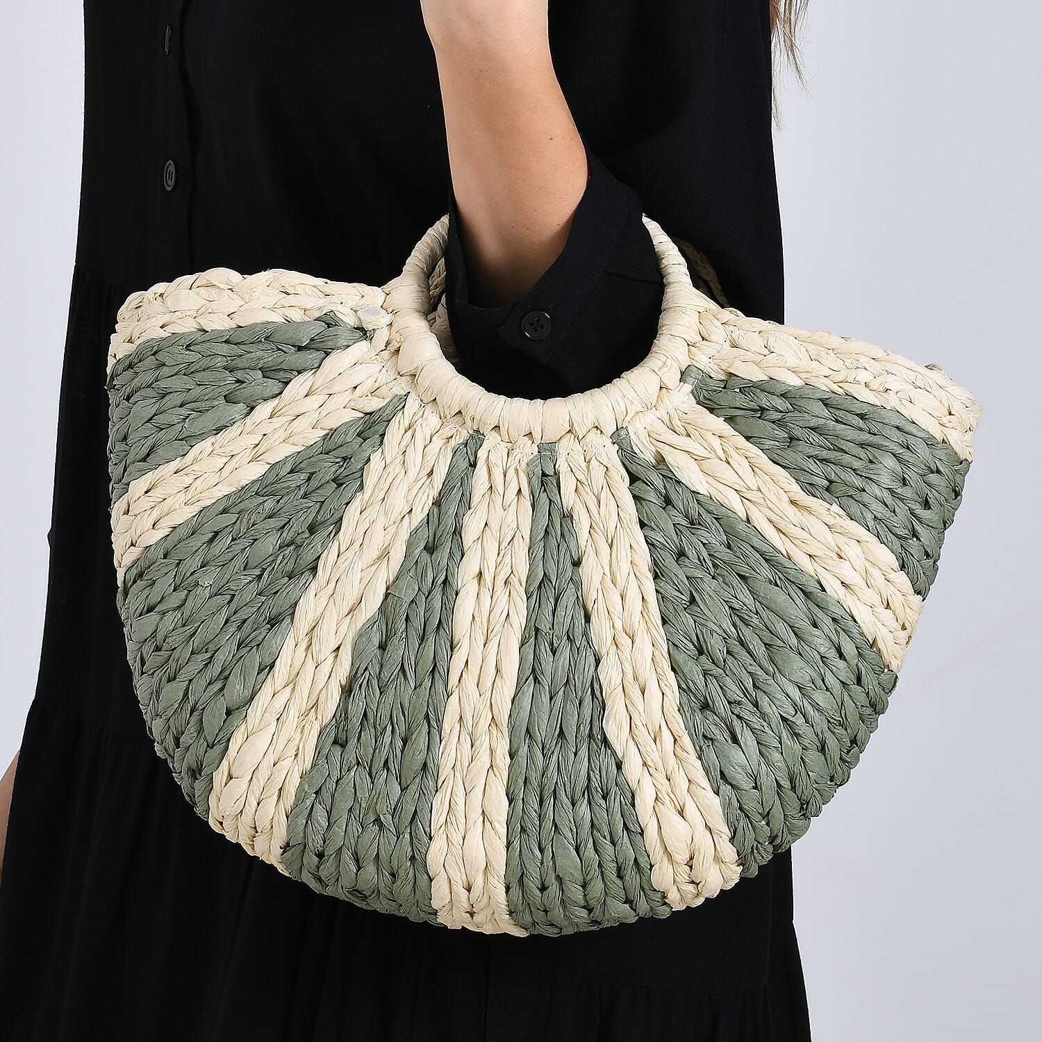 Retro Semi-circle Stripe Straw Beach Handbag - Green