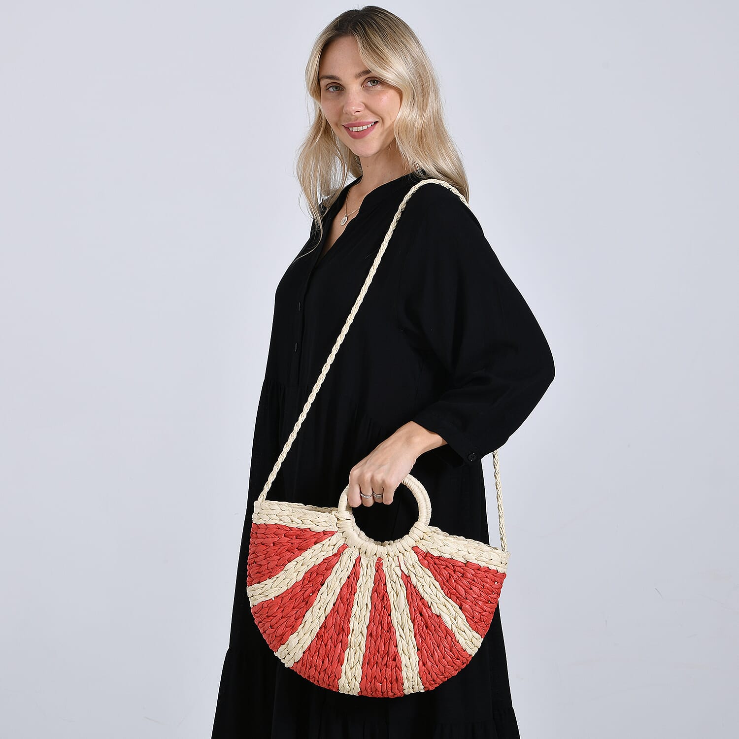 Retro Semi-circle Stripe Straw Beach Handbag - Red