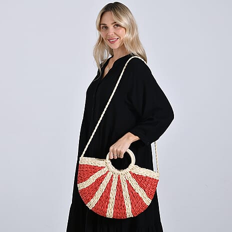 Retro Semi-circle Stripe Straw Beach Handbag - Red