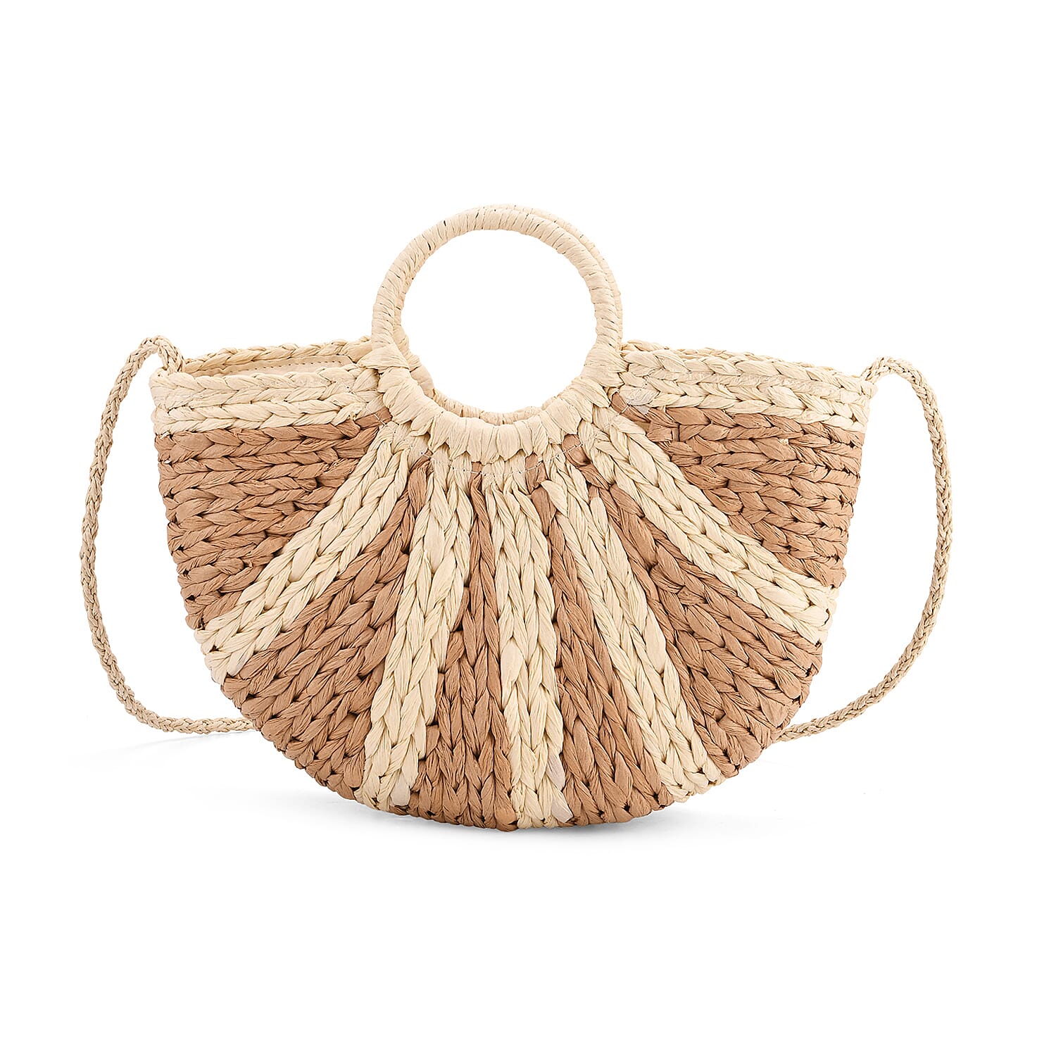 Retro Semi-circle Stripe Straw Beach Handbag - Khaki