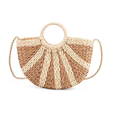 Retro Semi-circle Stripe Straw Beach Handbag - Khaki