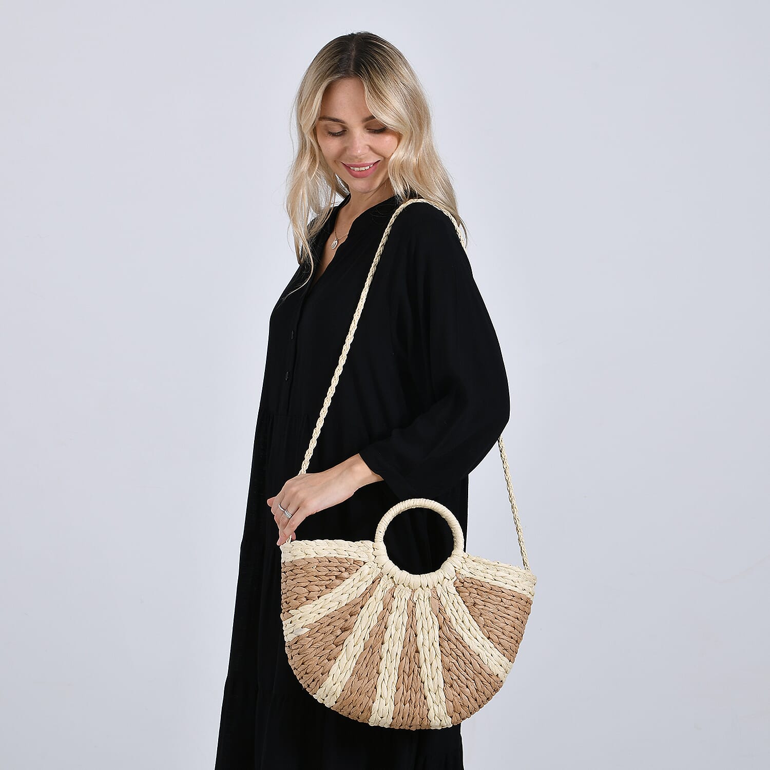 Retro Semi-circle Stripe Straw Beach Handbag - Khaki