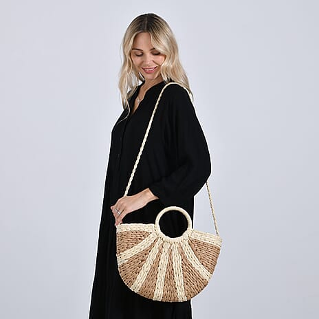 Retro Semi-circle Stripe Straw Beach Handbag - Khaki