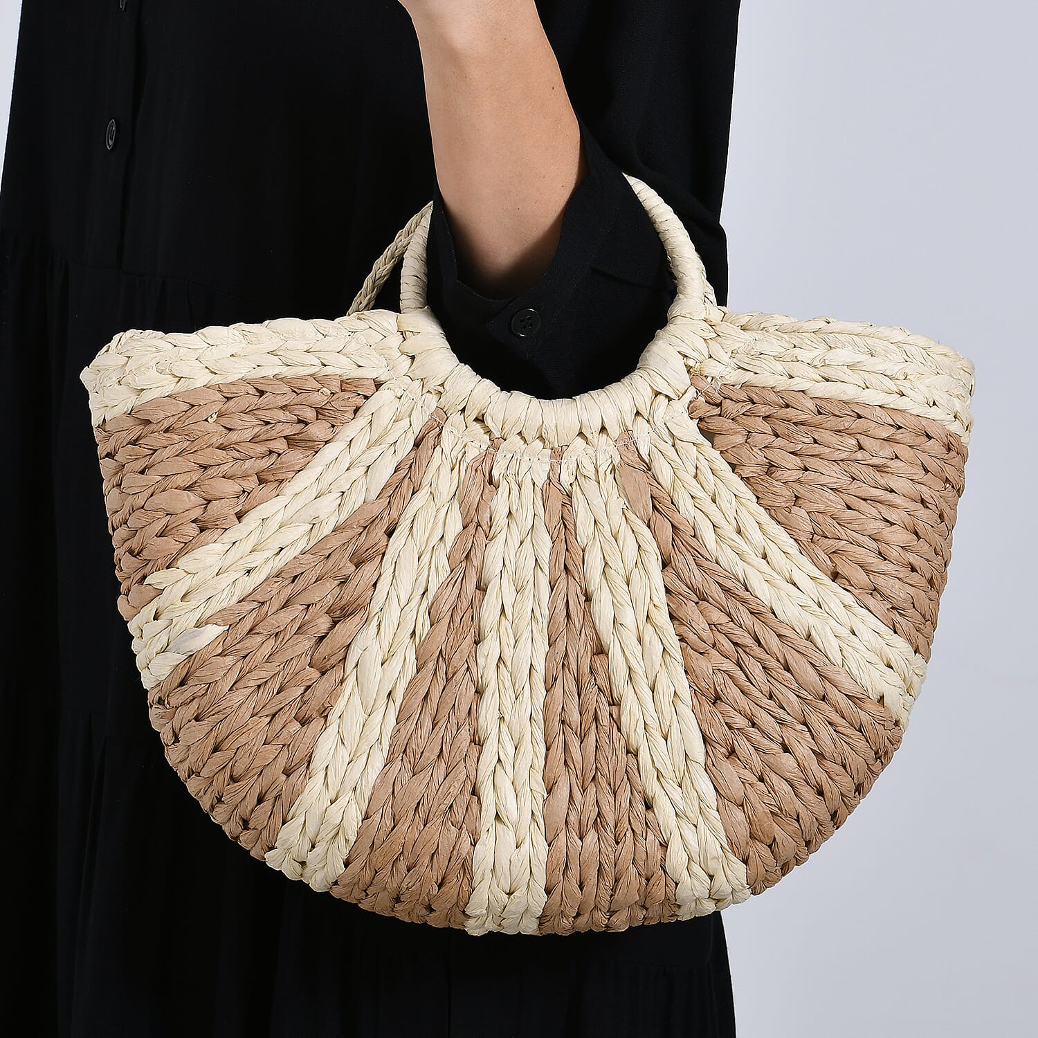 Retro Semi-circle Stripe Straw Beach Handbag - Khaki