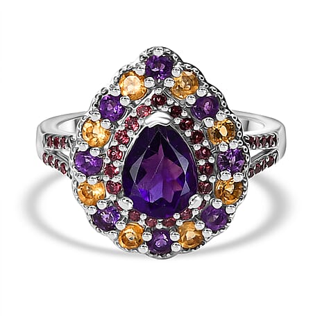 AAA African Amethyst, Citrine & Rhodolite Garnet Ring in Rhodium Overlay Sterling Silver 2.16 Ct.
