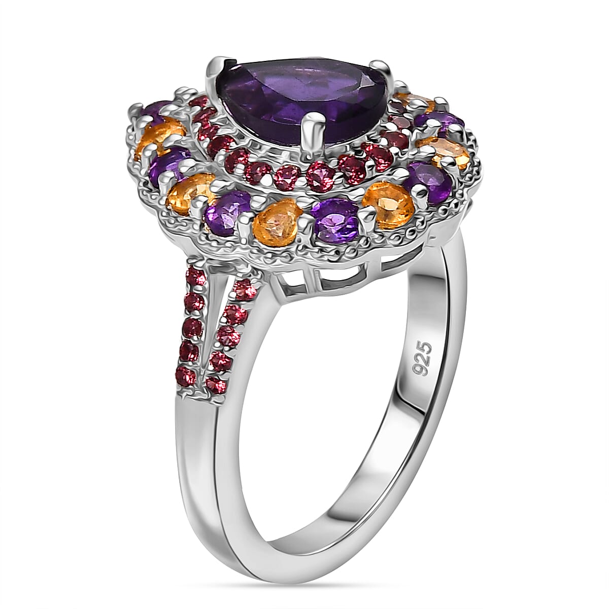 AAA African Amethyst, Citrine & Rhodolite Garnet Ring in Rhodium Overlay Sterling Silver 2.16 Ct.