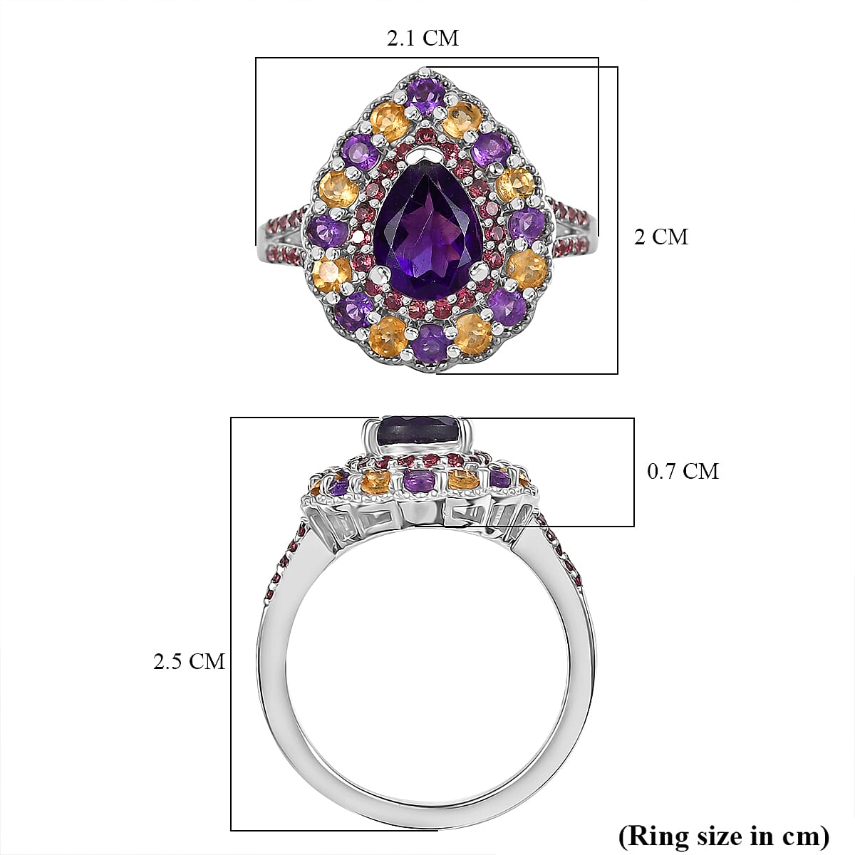 AAA African Amethyst, Citrine & Rhodolite Garnet Ring in Rhodium Overlay Sterling Silver 2.16 Ct.