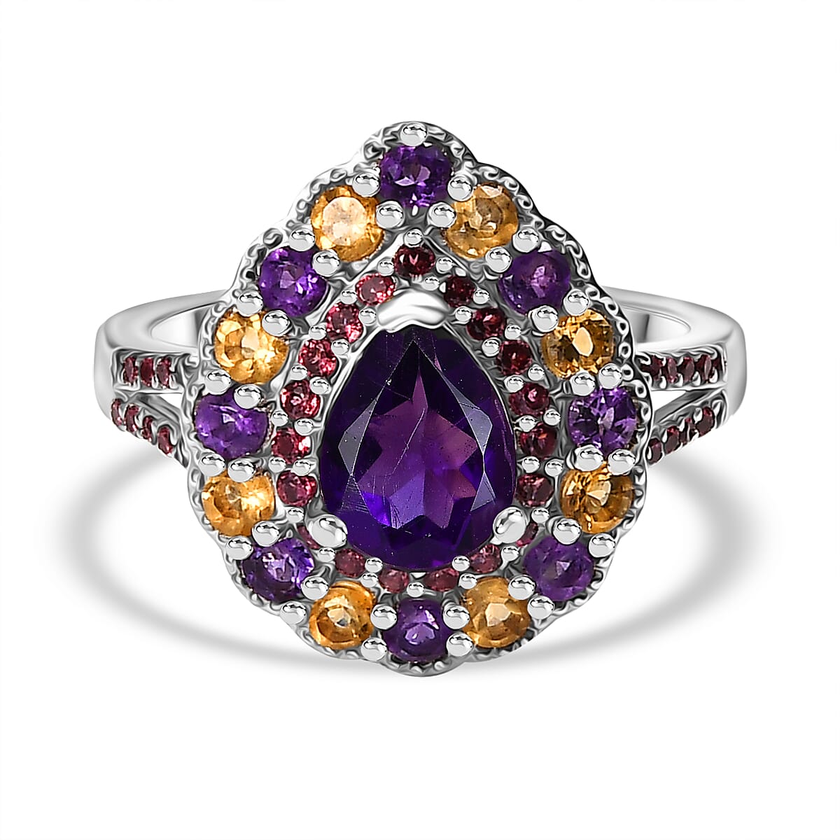 AAA African Amethyst, Citrine and Rhodolite Garnet Halo Ring in Rhodium Overlay Sterling Silver 2.16 Ct.