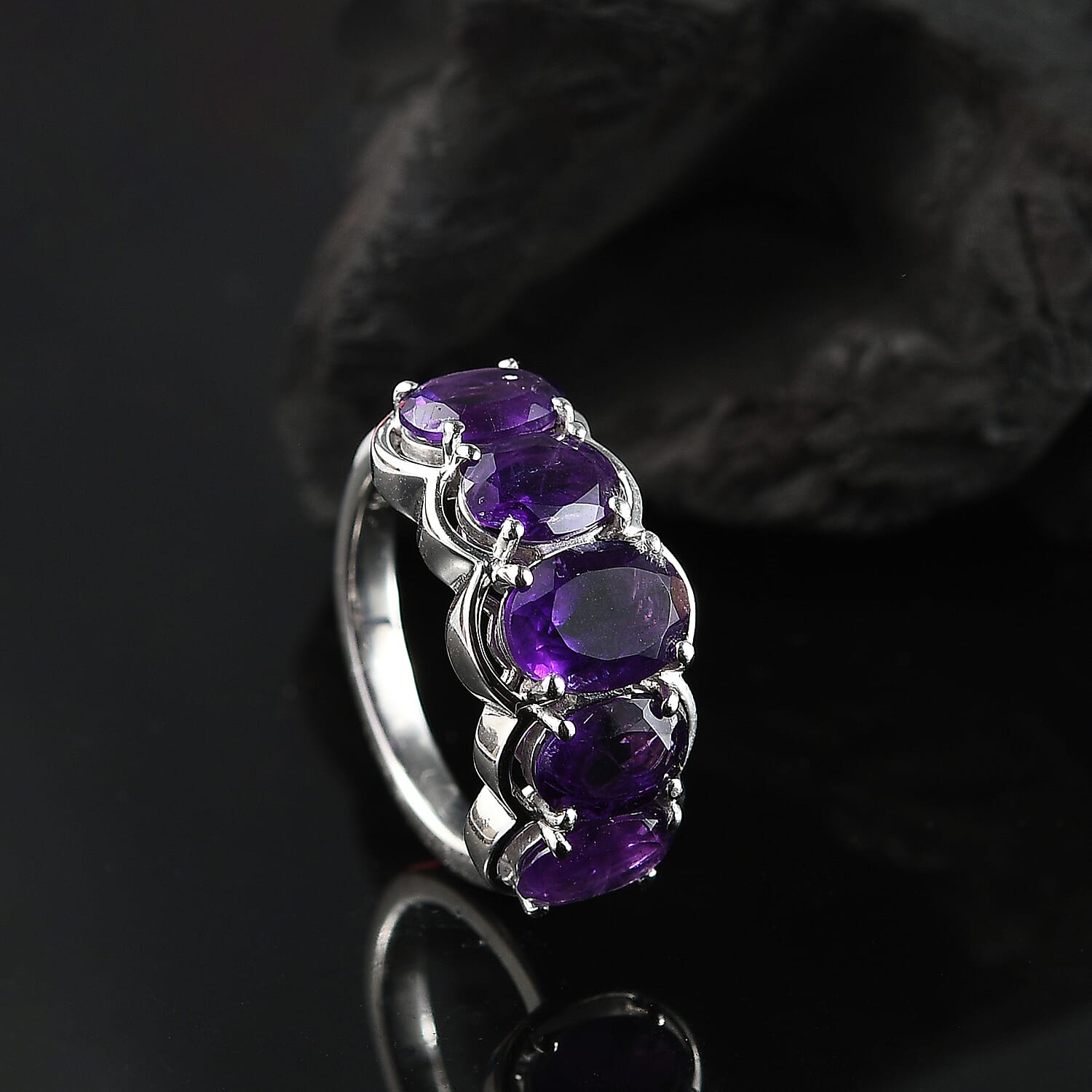AAA African Amethyst Ring in Rhodium Overlay Sterling Silver 3.97 Ct.