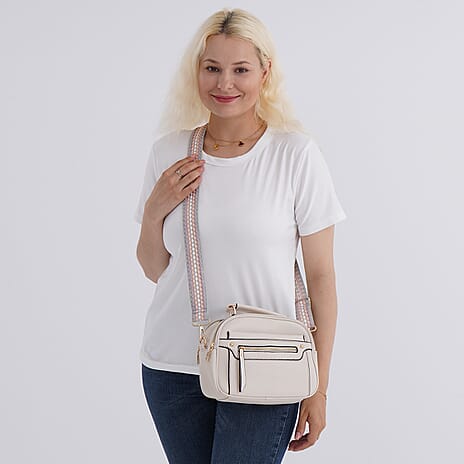 Structured Crossbody Bag with Patterned Strap - Beige