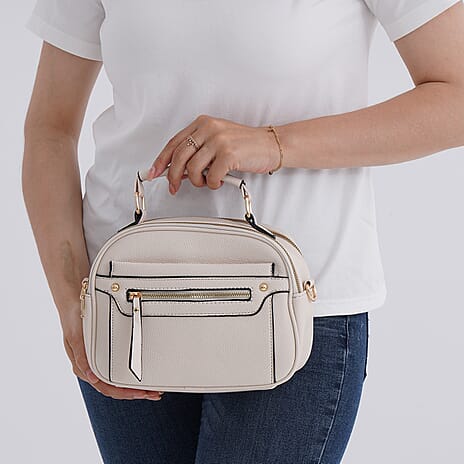 Structured Crossbody Bag with Patterned Strap - Beige