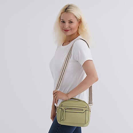 Structured Crossbody Bag with Patterned Strap - Green