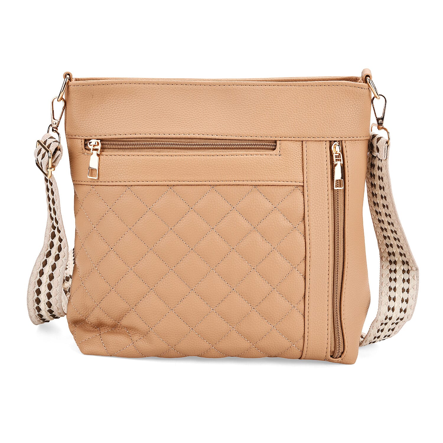 Quilted Diamond Pattern Crossbody Bag with Adjustable Strap - Camel