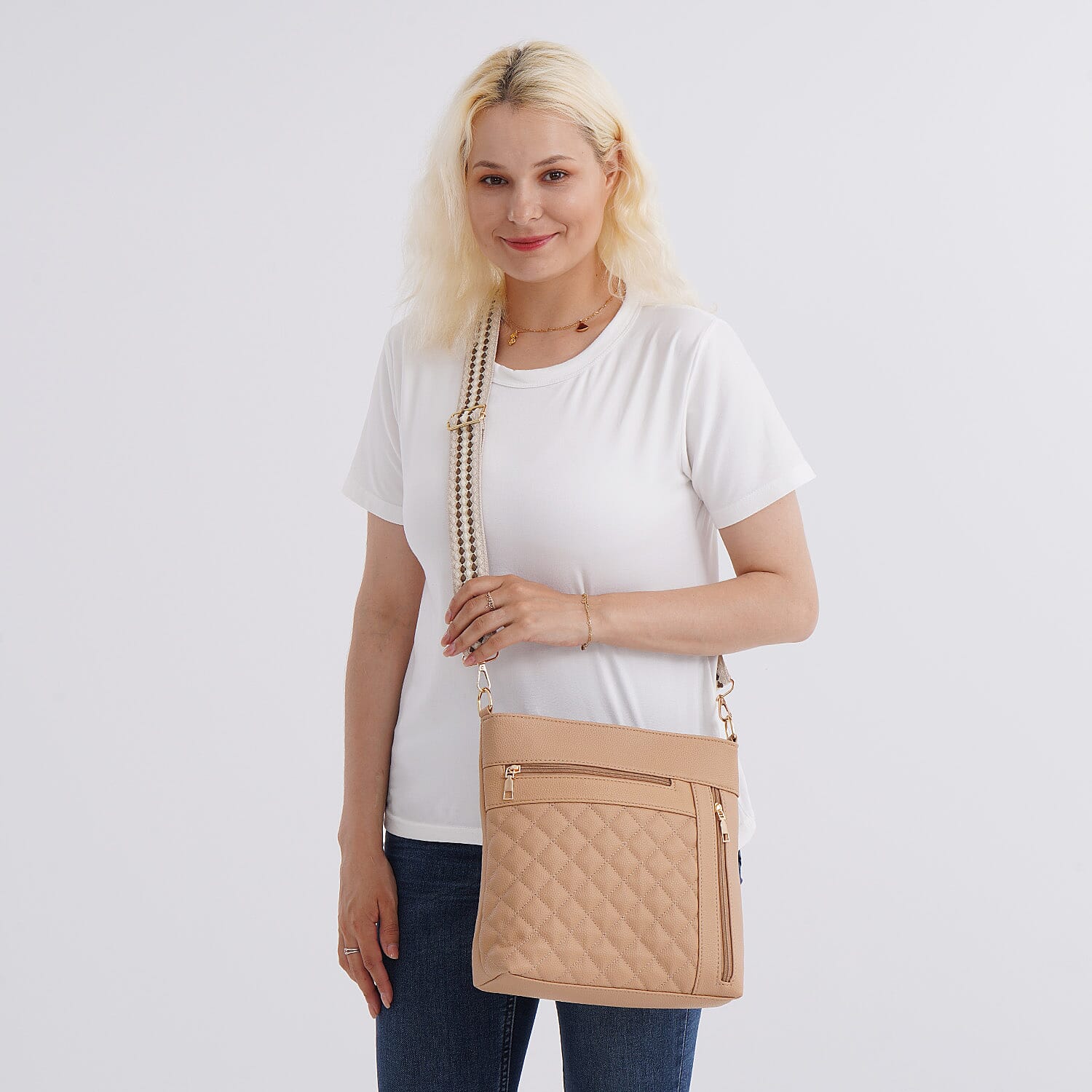 Quilted Diamond Pattern Crossbody Bag with Adjustable Strap - Camel