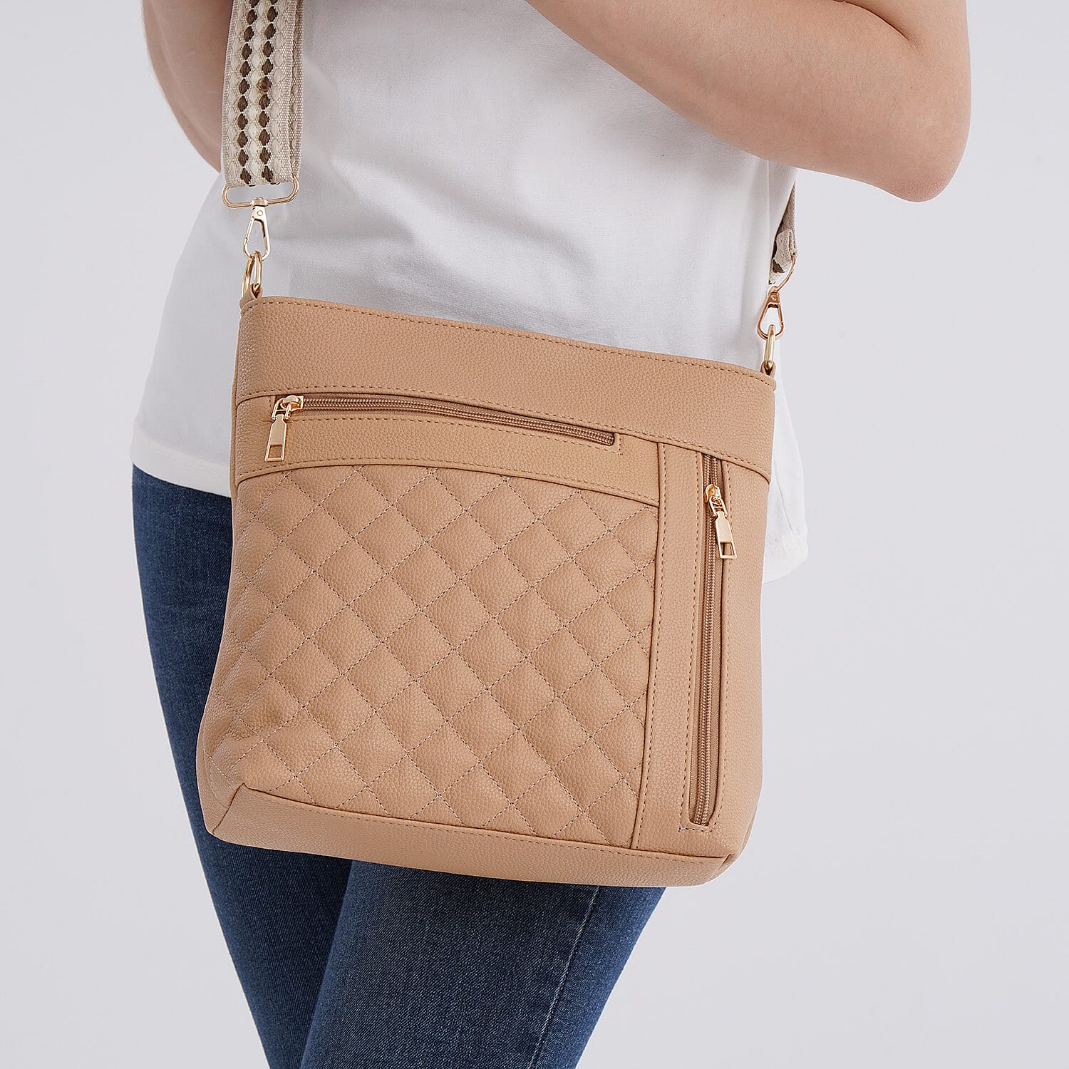 Quilted Diamond Pattern Crossbody Bag with Adjustable Strap - Camel