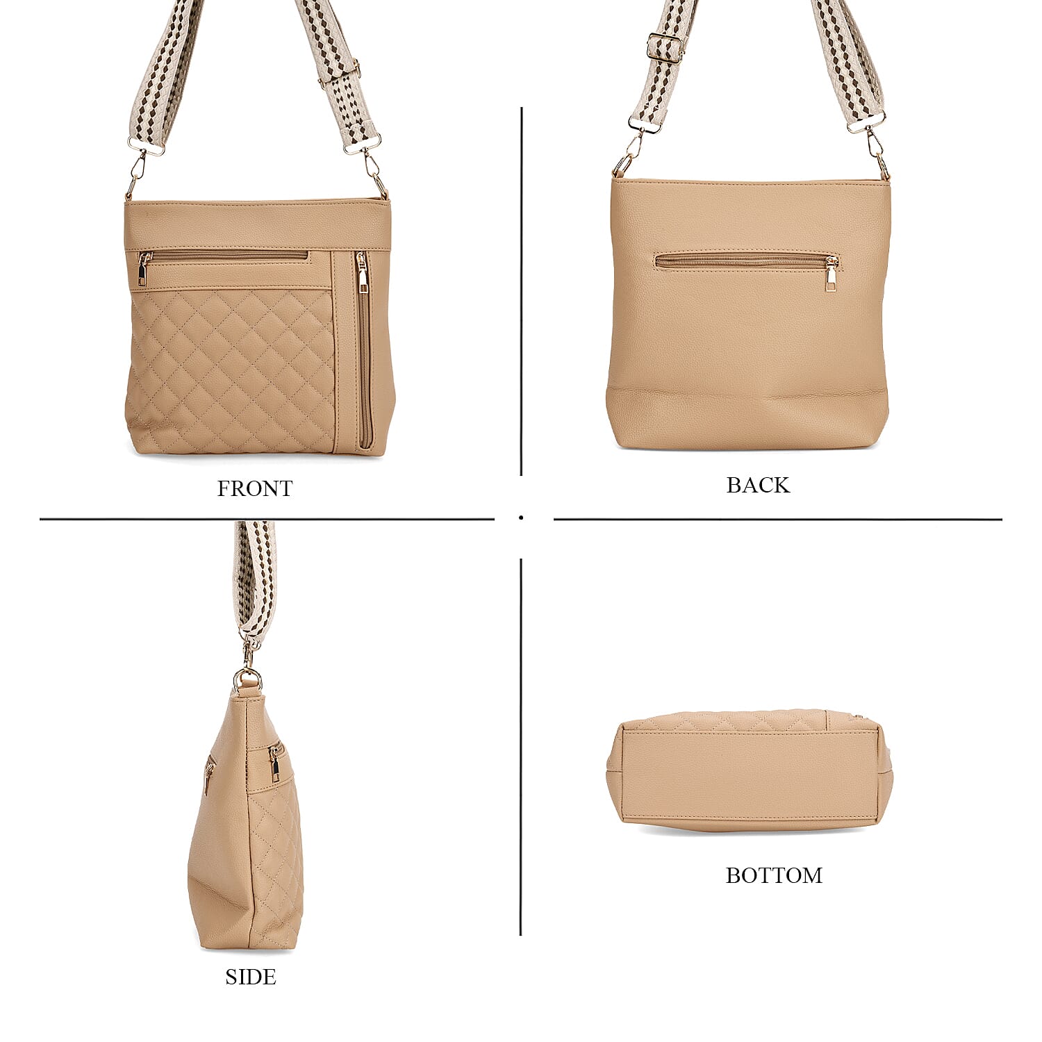 Quilted Diamond Pattern Crossbody Bag with Adjustable Strap - Camel