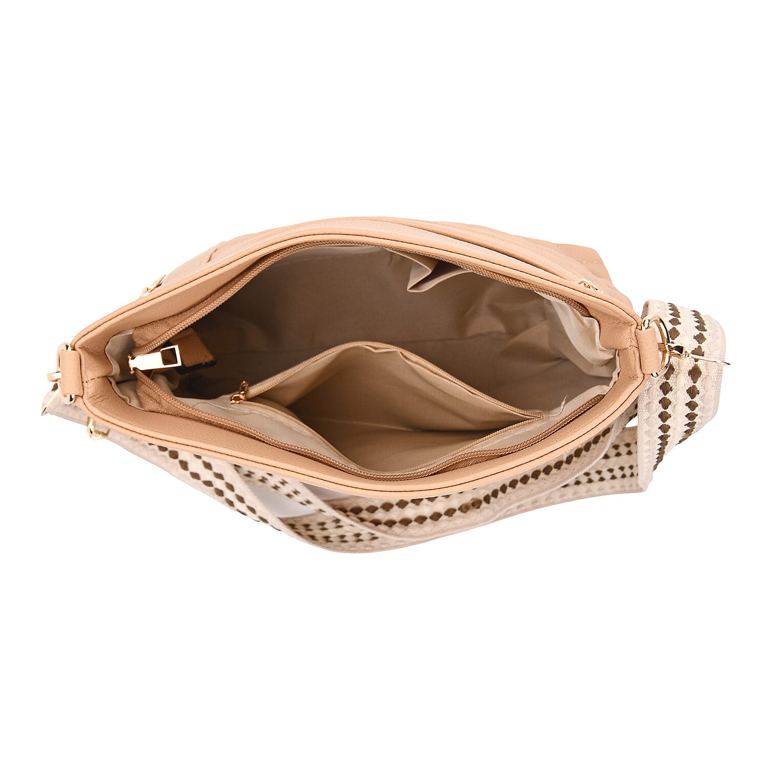 Quilted Diamond Pattern Crossbody Bag with Adjustable Strap - Camel