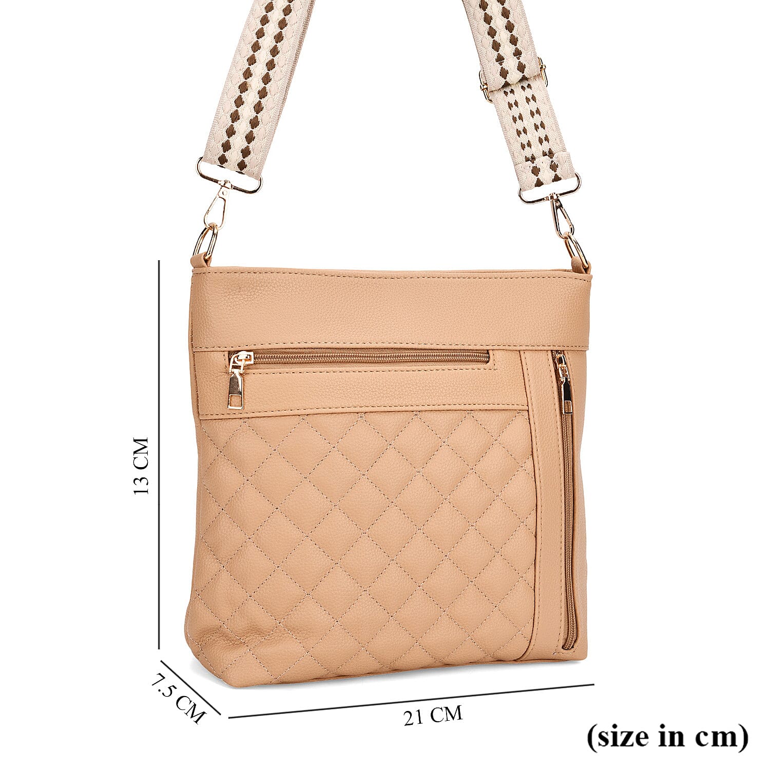 Quilted Diamond Pattern Crossbody Bag with Adjustable Strap - Camel