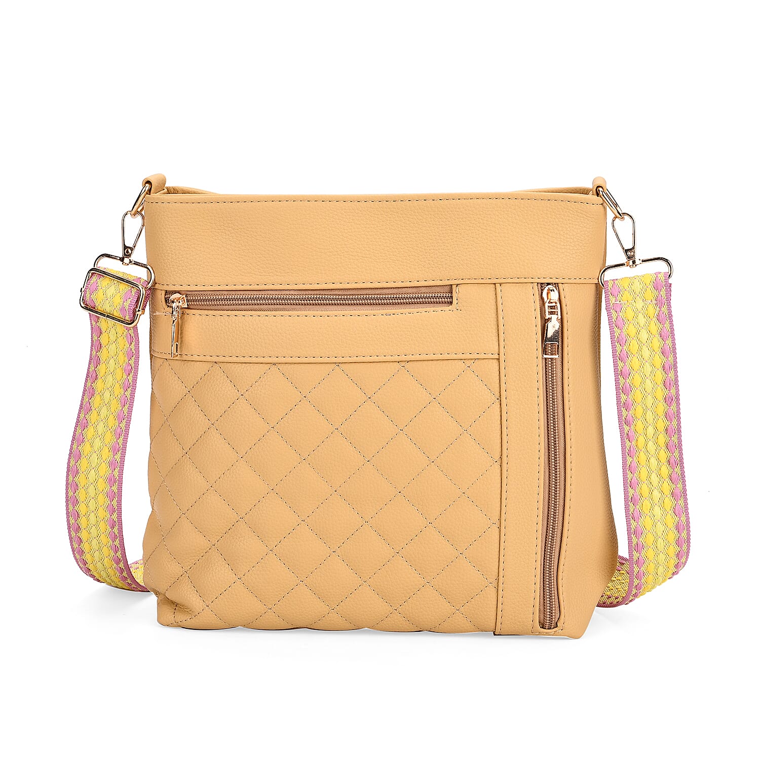 Quilted Diamond Pattern Crossbody Bag with Adjustable Strap - Yellow