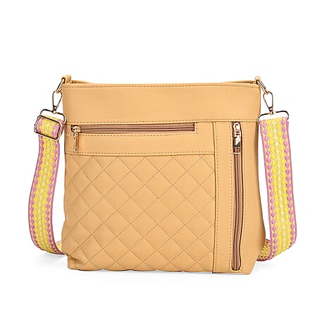 Quilted Diamond Pattern Crossbody Bag with Adjustable Strap - Yellow