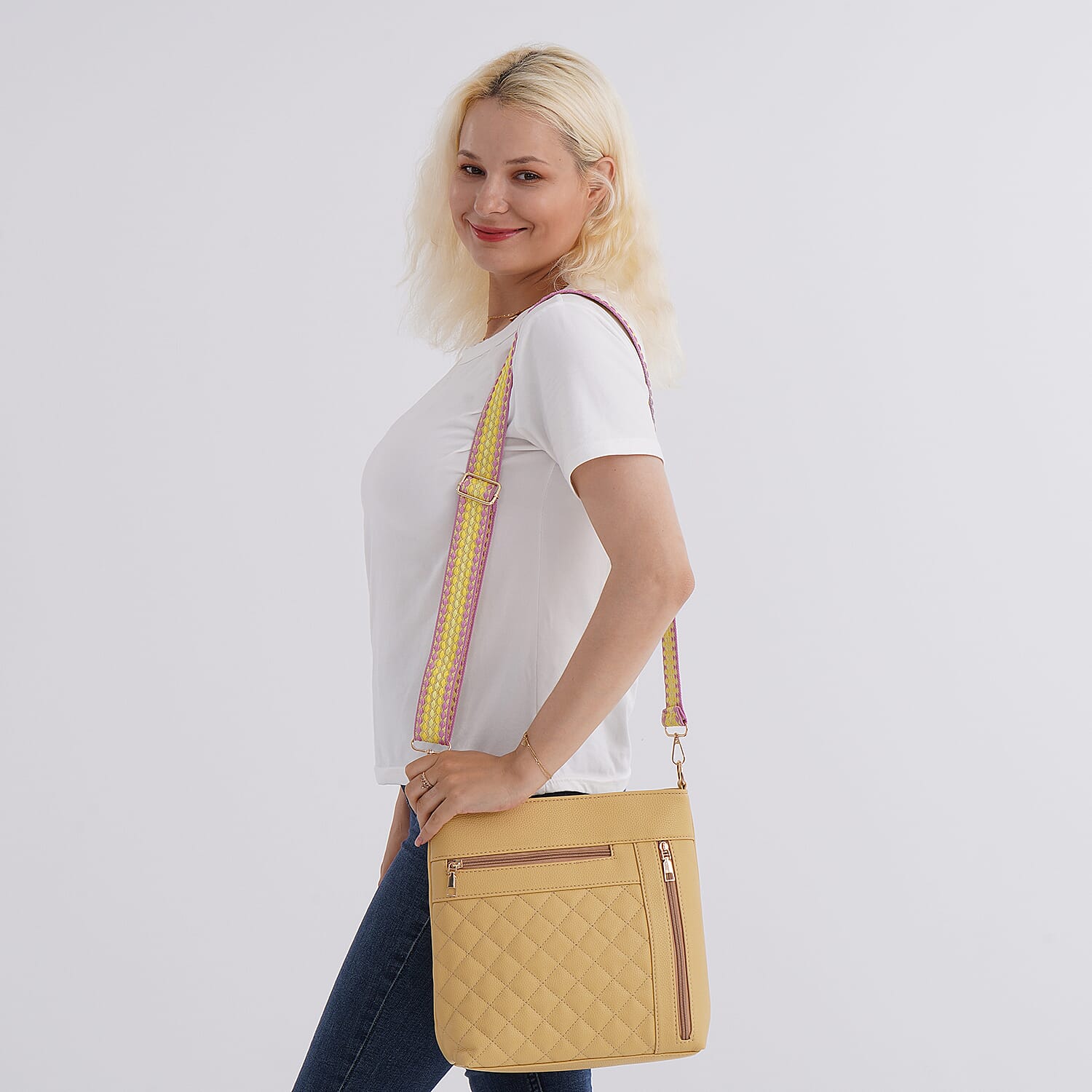Quilted Diamond Pattern Crossbody Bag with Adjustable Strap - Yellow