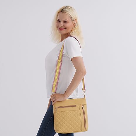 Quilted Diamond Pattern Crossbody Bag with Adjustable Strap - Yellow