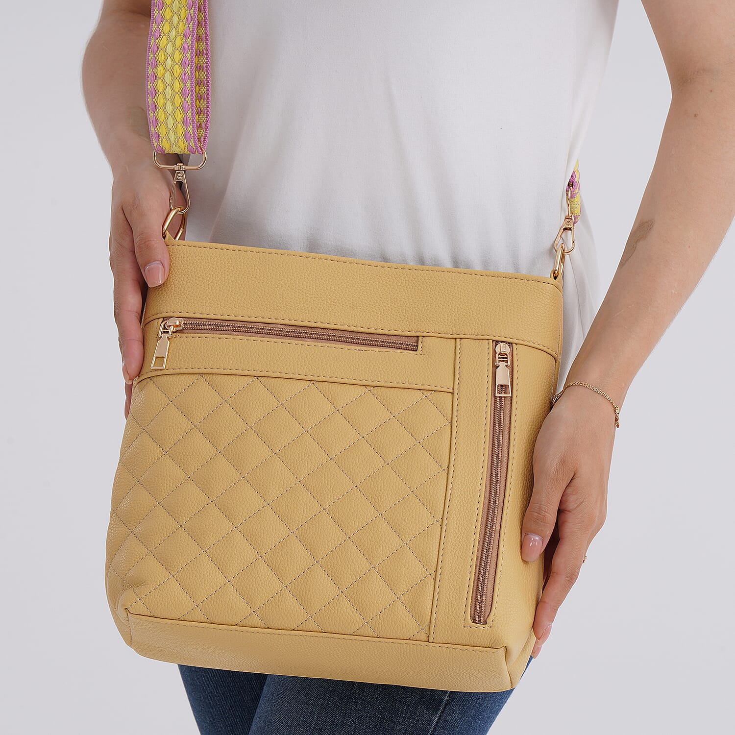 Quilted Diamond Pattern Crossbody Bag with Adjustable Strap - Yellow