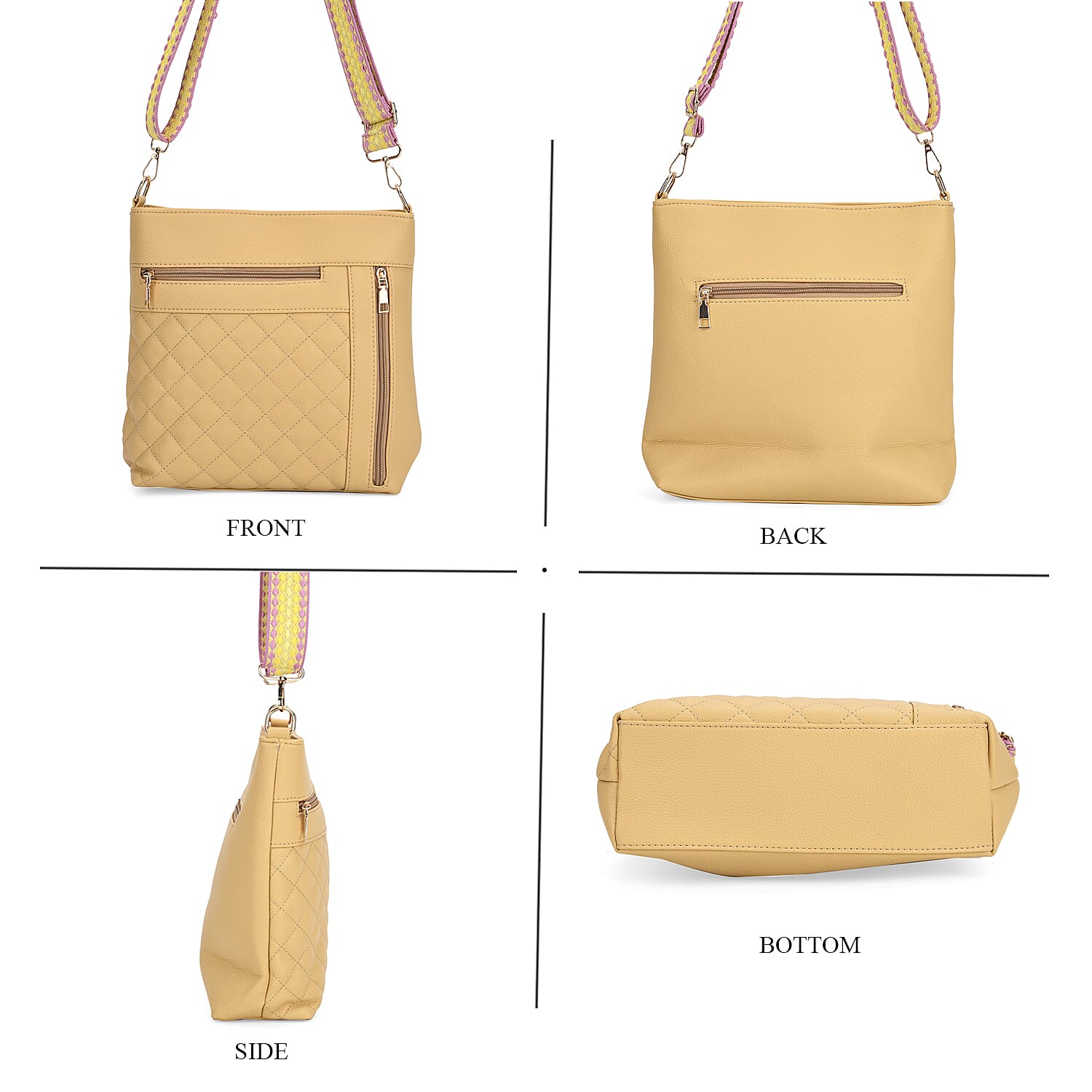 Quilted Diamond Pattern Crossbody Bag with Adjustable Strap - Yellow