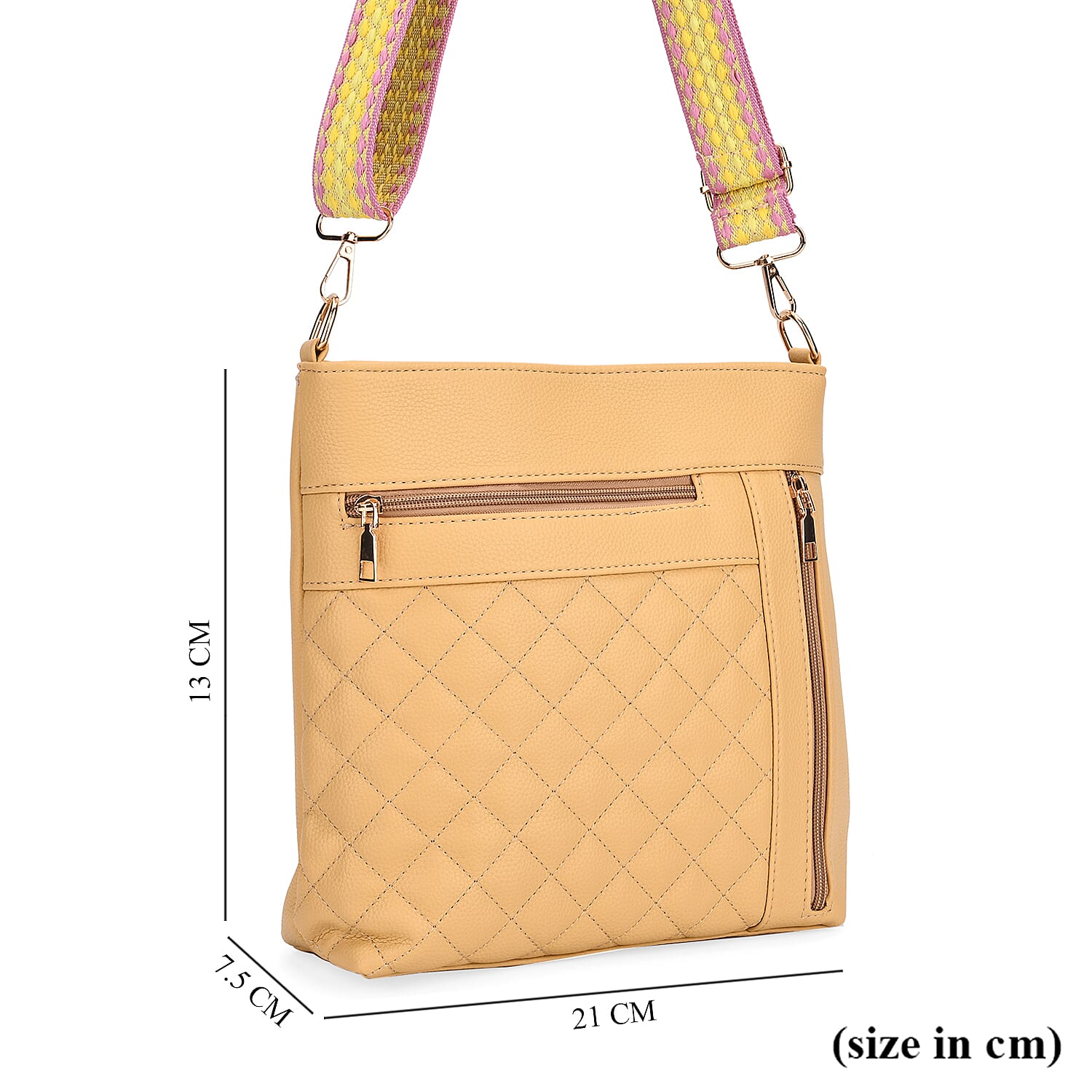 Quilted Diamond Pattern Crossbody Bag with Adjustable Strap - Yellow