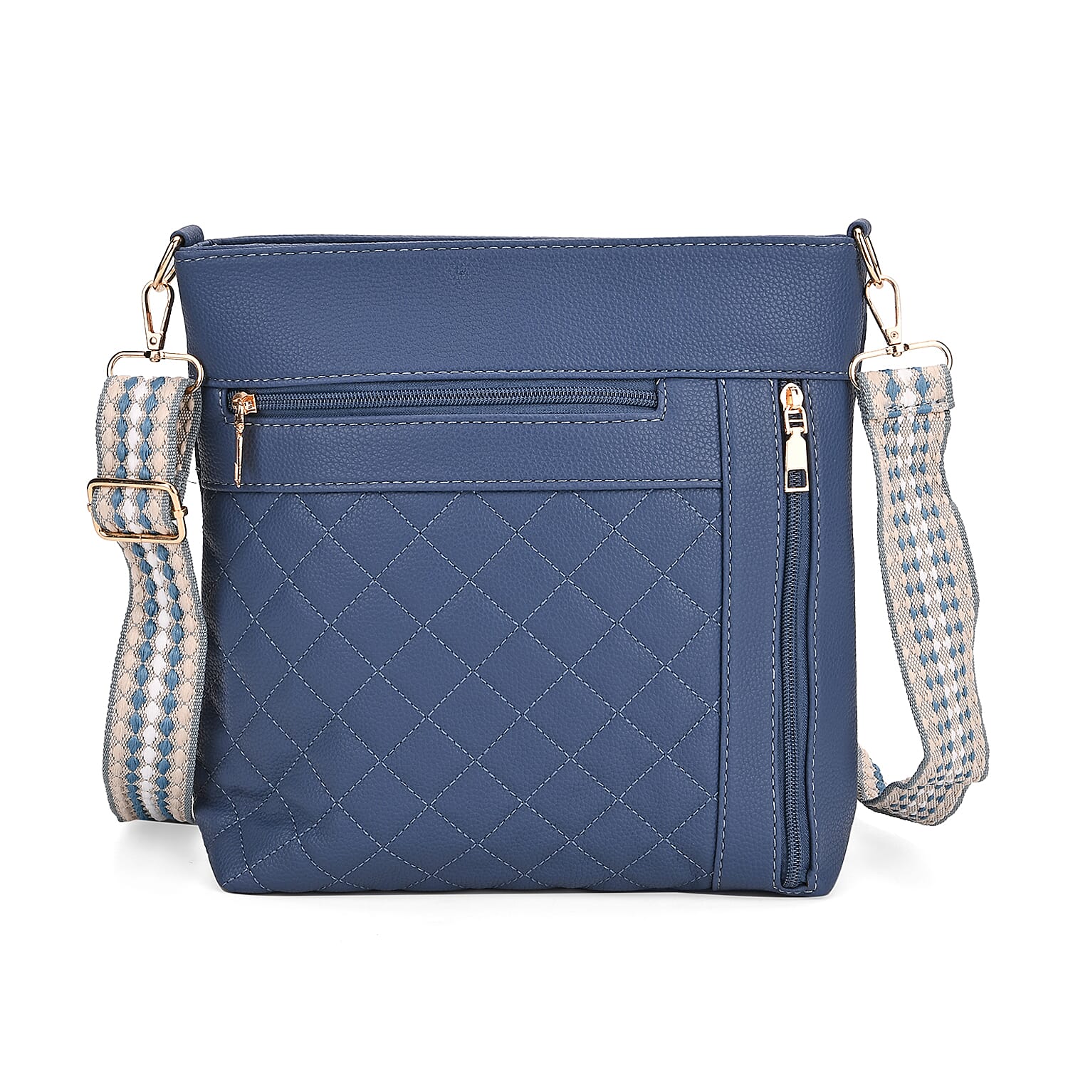 Quilted Diamond Pattern Crossbody Bag with Adjustable Strap - Denim Blue
