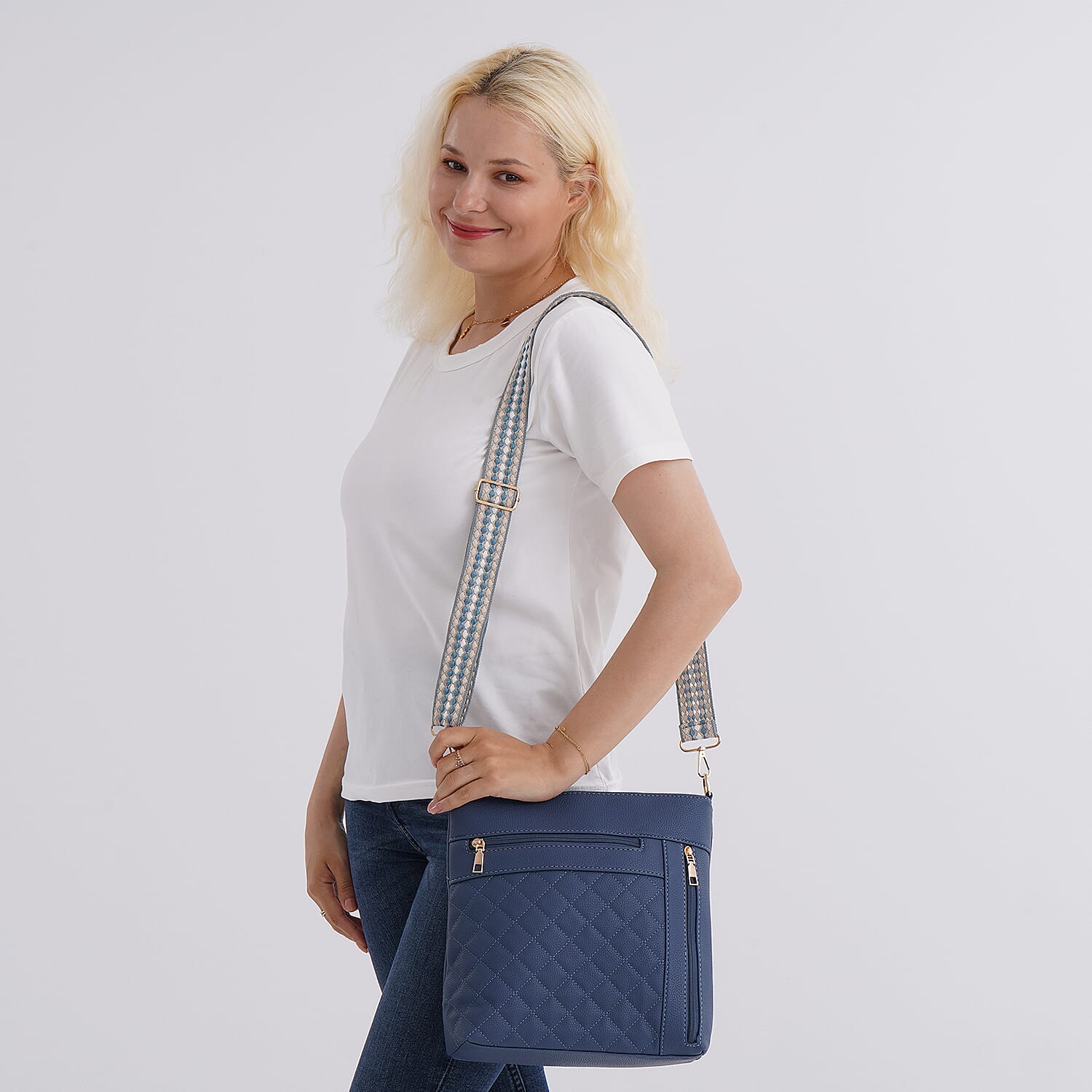 Quilted Diamond Pattern Crossbody Bag with Adjustable Strap - Denim Blue