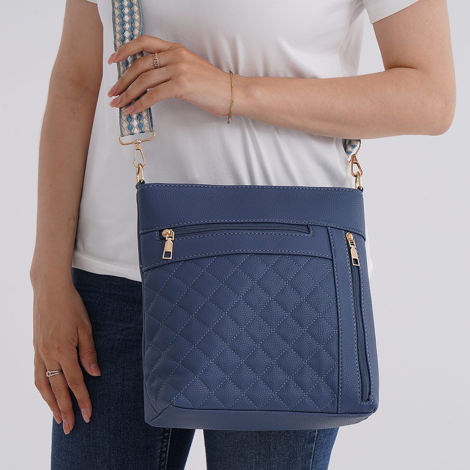 Quilted Diamond Pattern Crossbody Bag with Adjustable Strap - Denim Blue