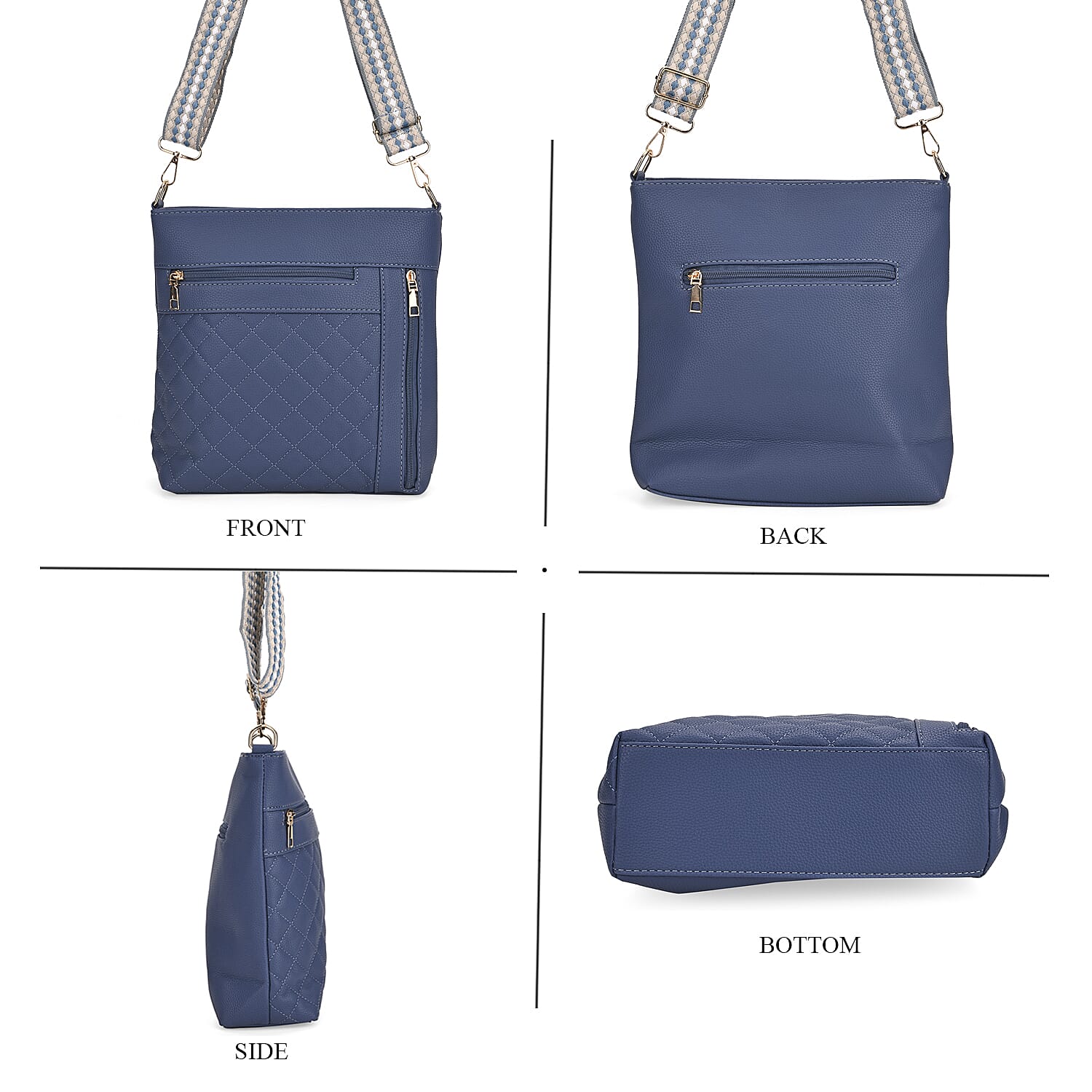 Quilted Diamond Pattern Crossbody Bag with Adjustable Strap - Denim Blue