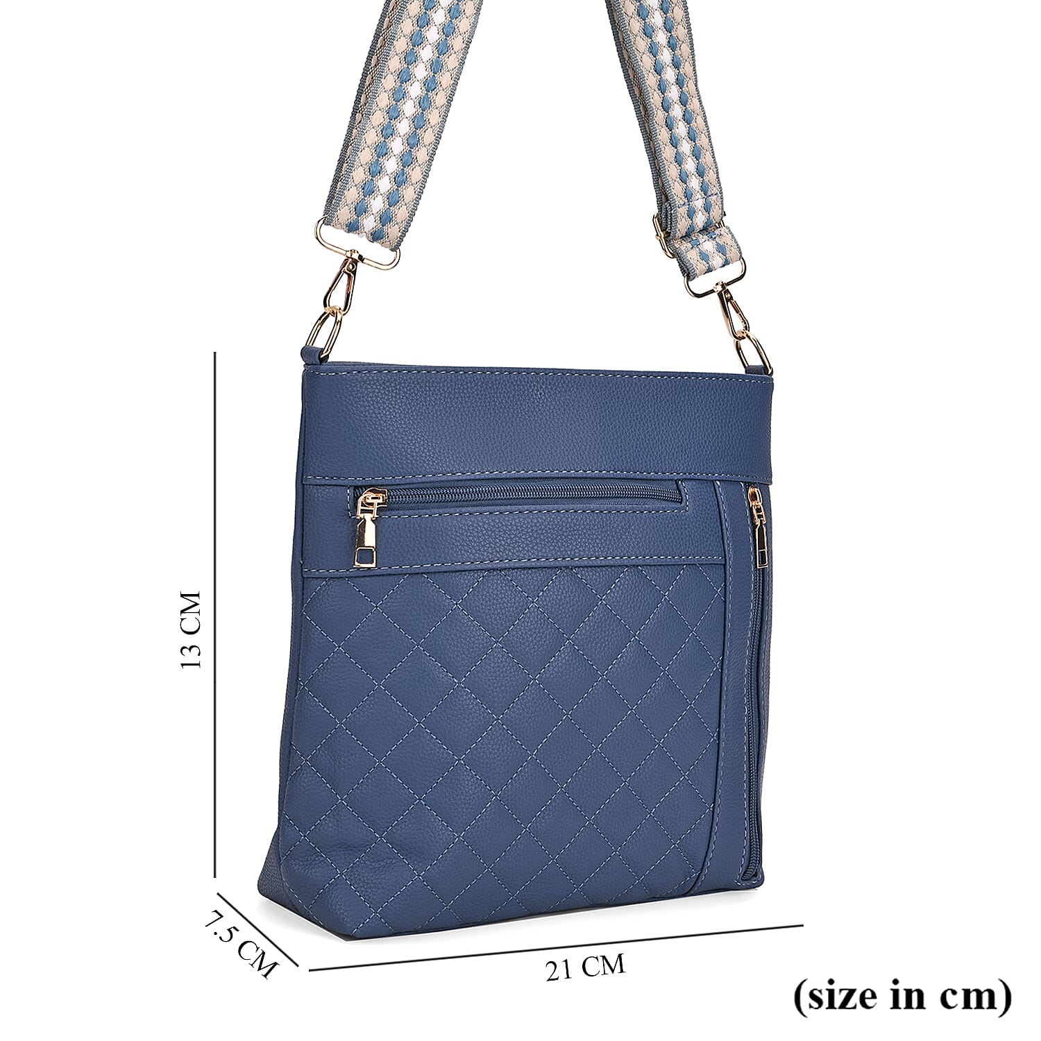 Quilted Diamond Pattern Crossbody Bag with Adjustable Strap - Denim Blue