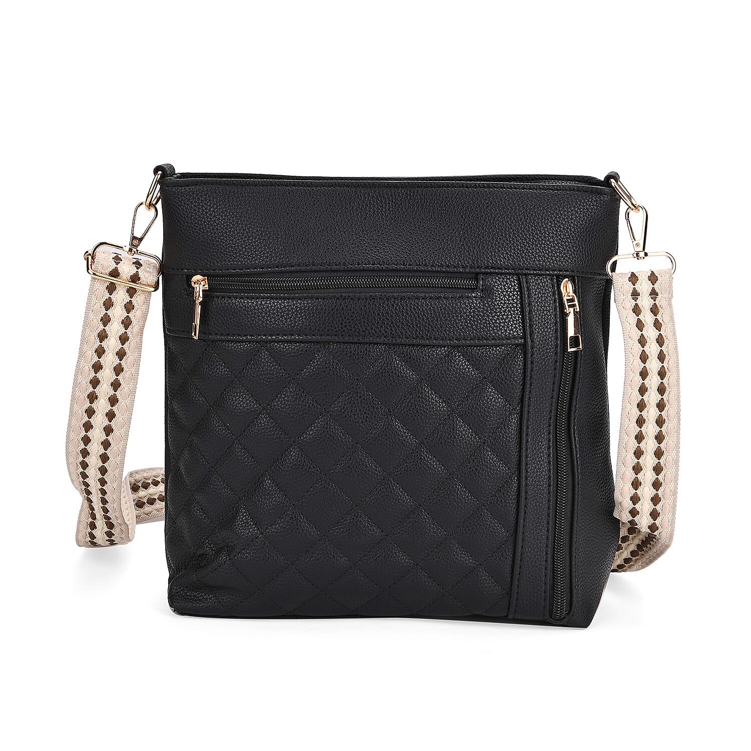 Quilted Diamond Pattern Crossbody Bag with Adjustable Strap - Black