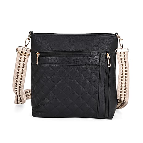 Quilted Diamond Pattern Crossbody Bag with Adjustable Strap - Black