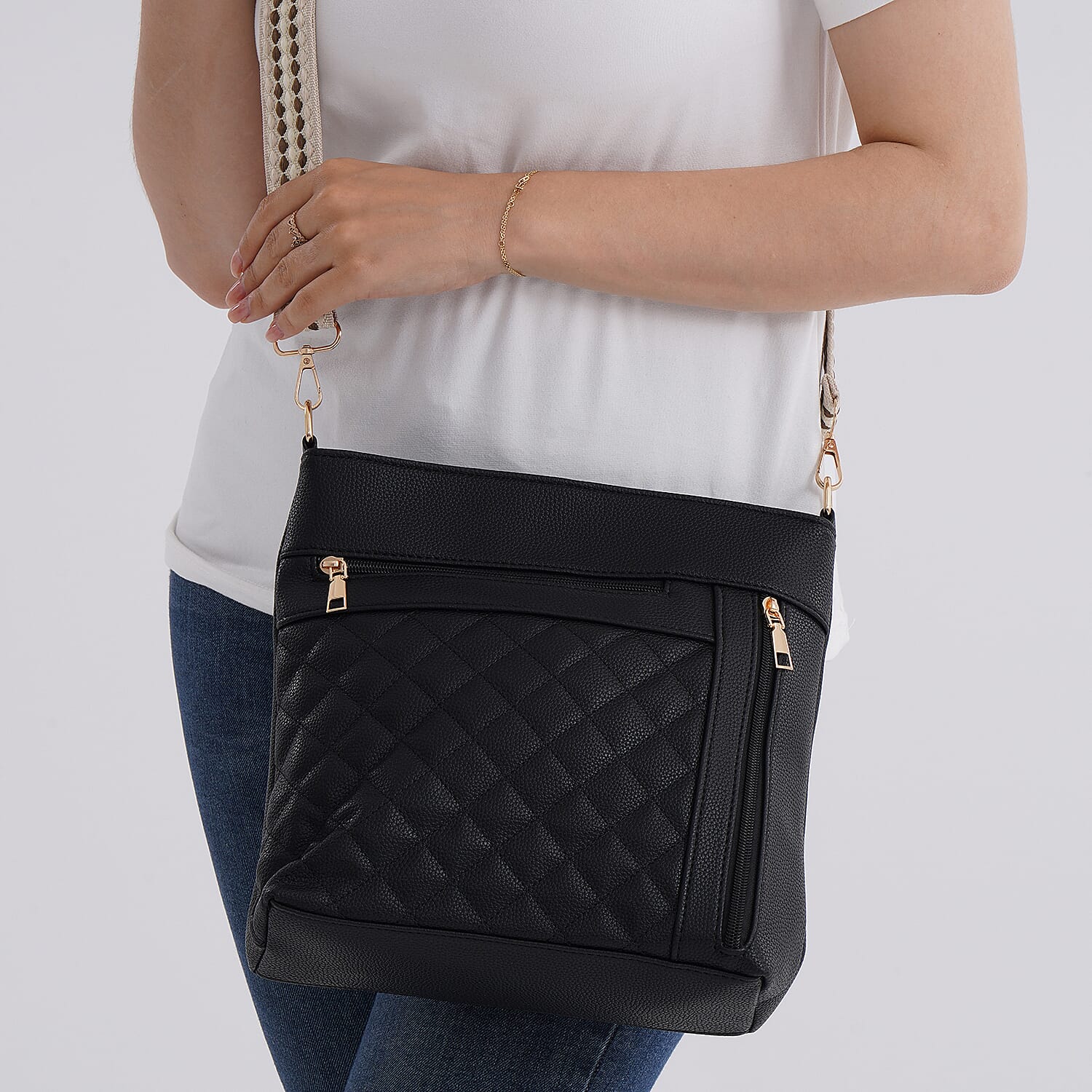 Quilted Diamond Pattern Crossbody Bag with Adjustable Strap - Black