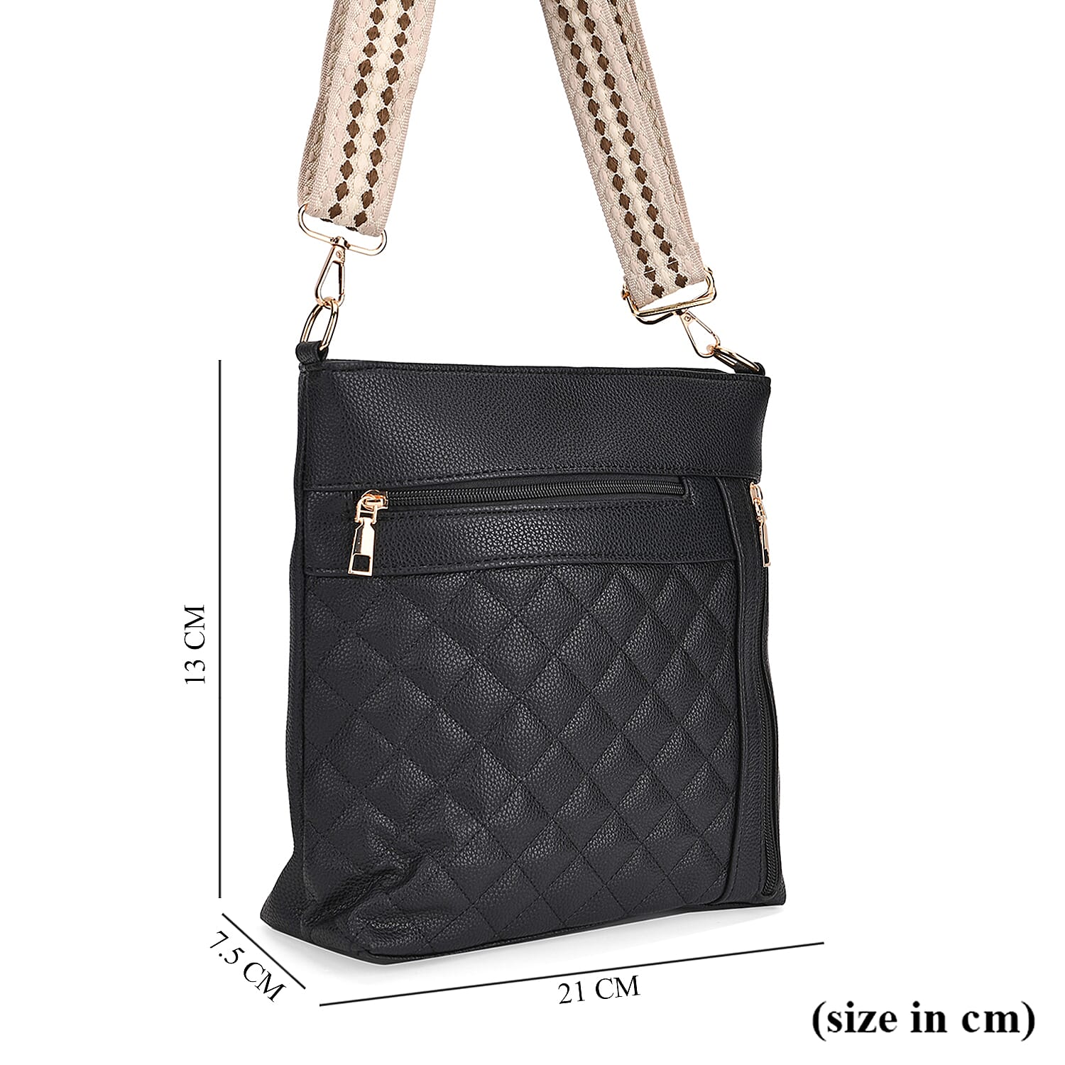 Quilted Diamond Pattern Crossbody Bag with Adjustable Strap - Black