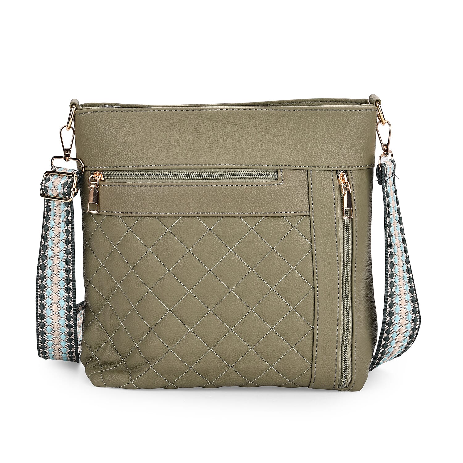 Quilted Diamond Pattern Crossbody Bag with Adjustable Strap - Green