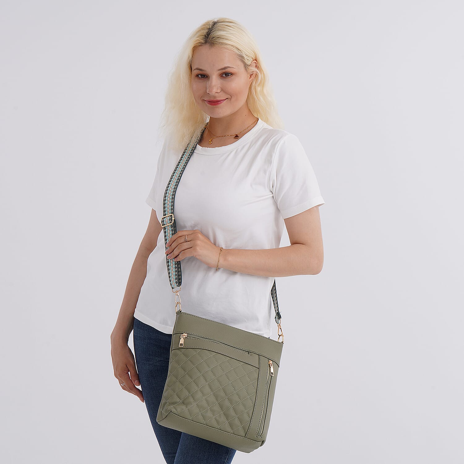 Quilted Diamond Pattern Crossbody Bag with Adjustable Strap - Green