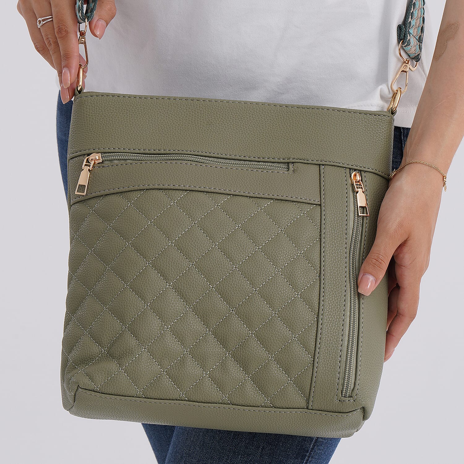 Quilted Diamond Pattern Crossbody Bag with Adjustable Strap - Green
